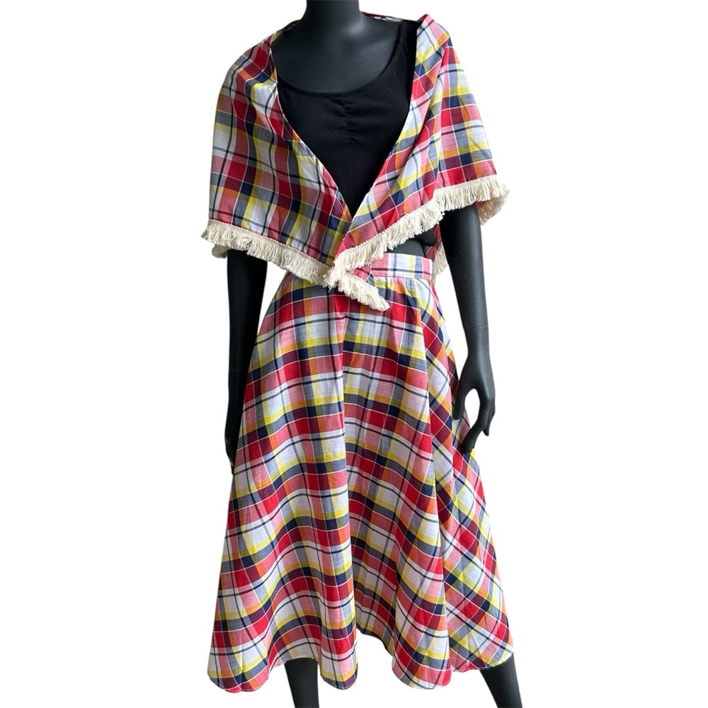 Vintage Plaid Skirt & Shawl Set Preppy Rockabilly Cotton Blend  A-line RARE